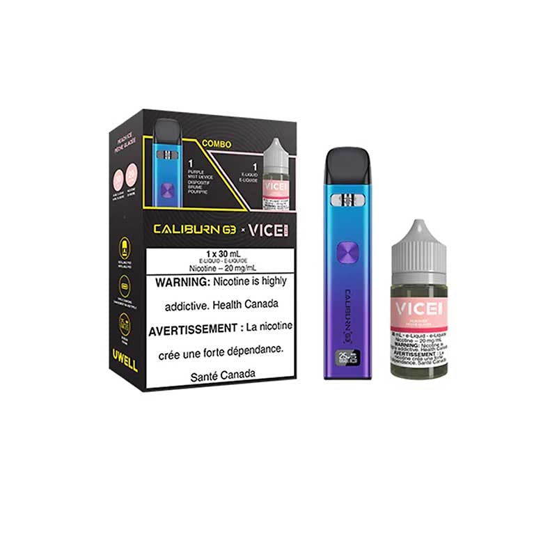 UWELL CALIBURN G3 POD KIT AND SALT ELIQUID BUNDLE PURPLE MIST AND PEACH ICE BY VICE SALT / 30ML / 20MG - Vape Shop in Calgary